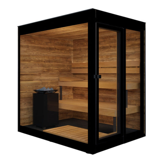 ThermaSol Vera outdoor sauna cabin, three quarter studio view on a white background