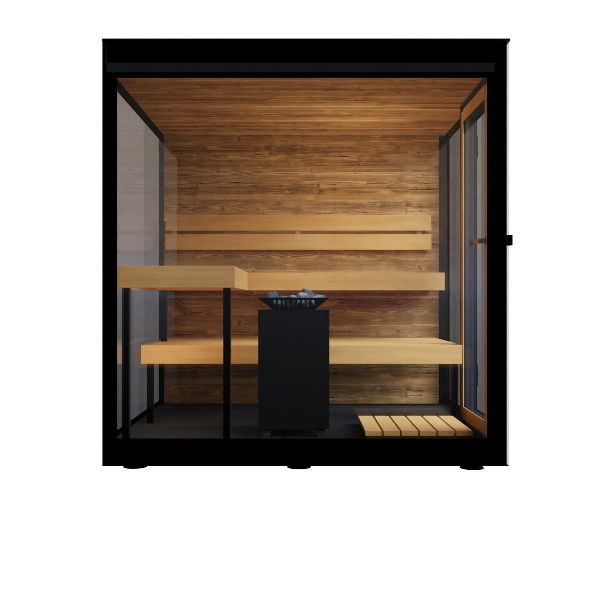 ThermaSol Vue outdoor sauna cabin, three quarter studio view on a white background