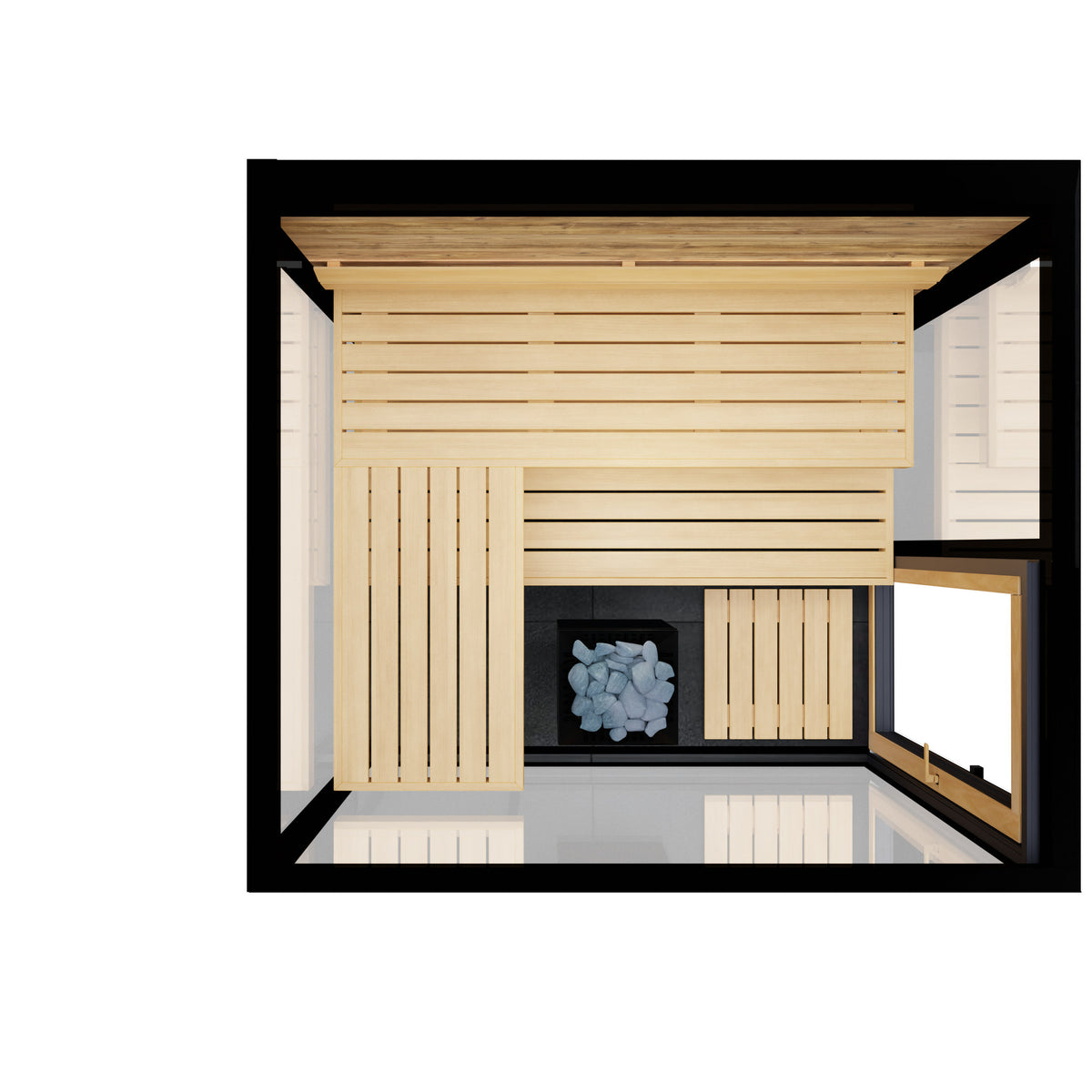 ThermaSol Vue outdoor sauna cabin, overhead cutaway showing the bench layout