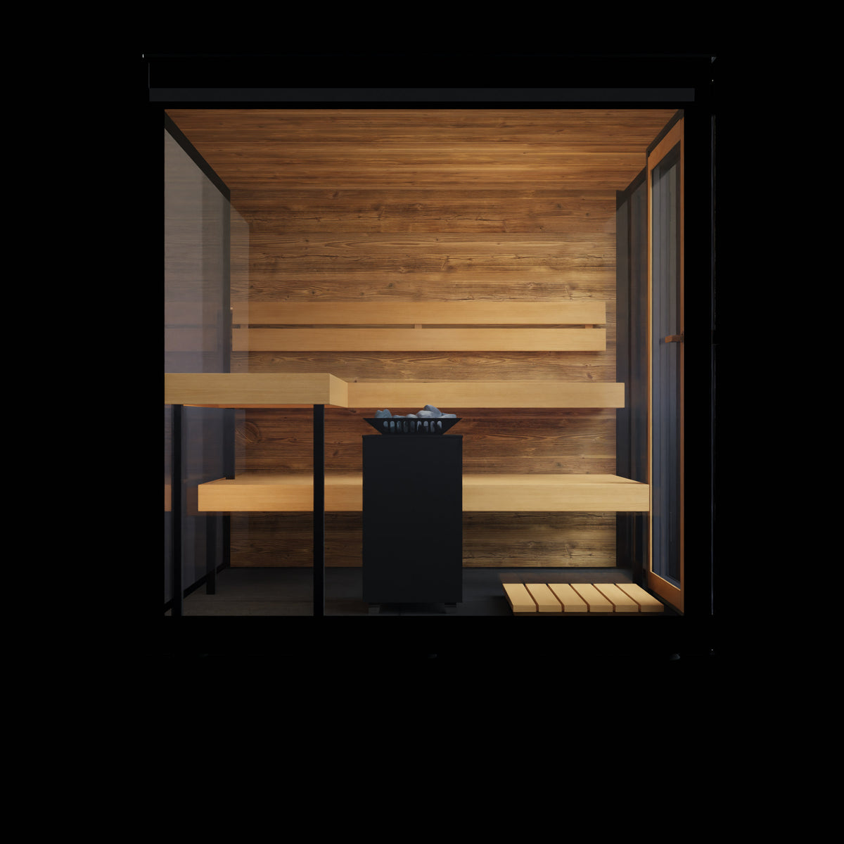 ThermaSol Vue outdoor sauna cabin, front elevation