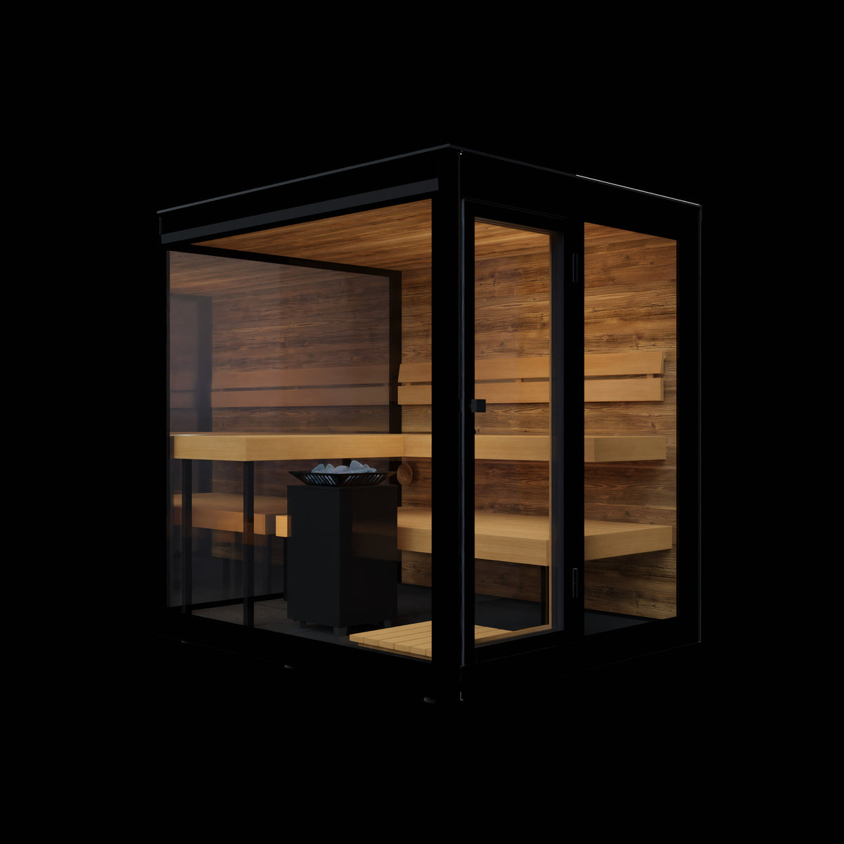 ThermaSol Vue outdoor sauna cabin, three quarter view