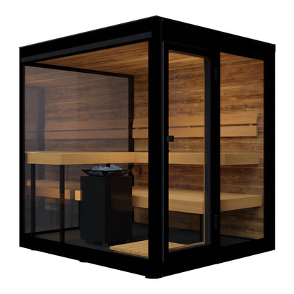 ThermaSol Vue outdoor sauna cabin, three quarter studio view on a white background