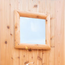 Twenty inch square pine framed wall mount mirror on the cedar wall of a LeisureCraft Skylight